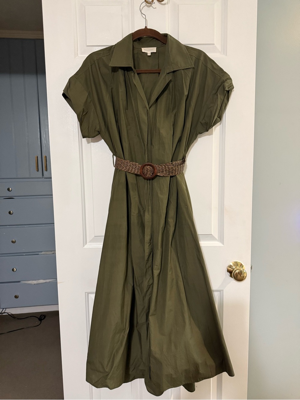 Women’s Melloday Olive Green Belted Midi Shirt Dress size M